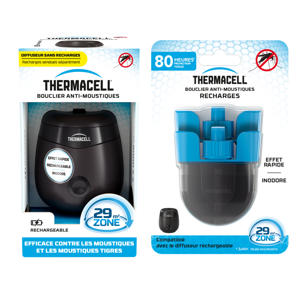 Thermacell bouclier anti-moustiques et moustiques tigres + 2 recharges liquides - extérieur- sans fil, rechargeable