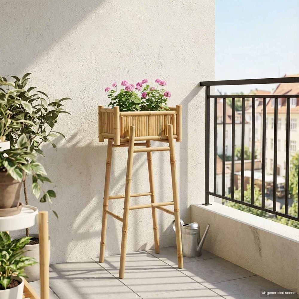 Jardinière haute sur pieds en bambou naturel pour balcon et terrasse 50x38x114cm