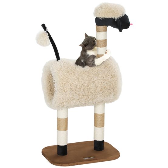 Arbre à chat peluche mouton chats jeu cachette 48x34x98cm marron