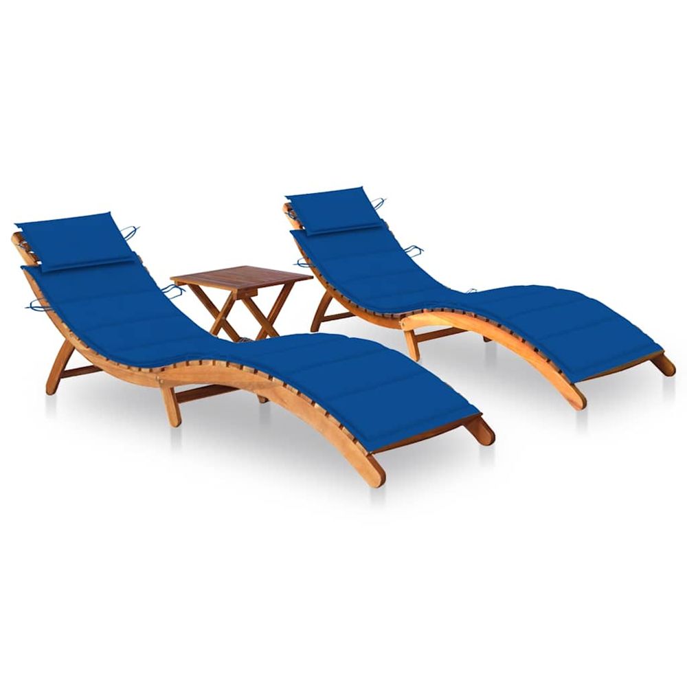 Chaises longues lot de 2 avec table et coussins acacia solide