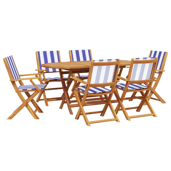 Ensemble à manger de jardin 7 pcs bleu blanc tissu bois massif