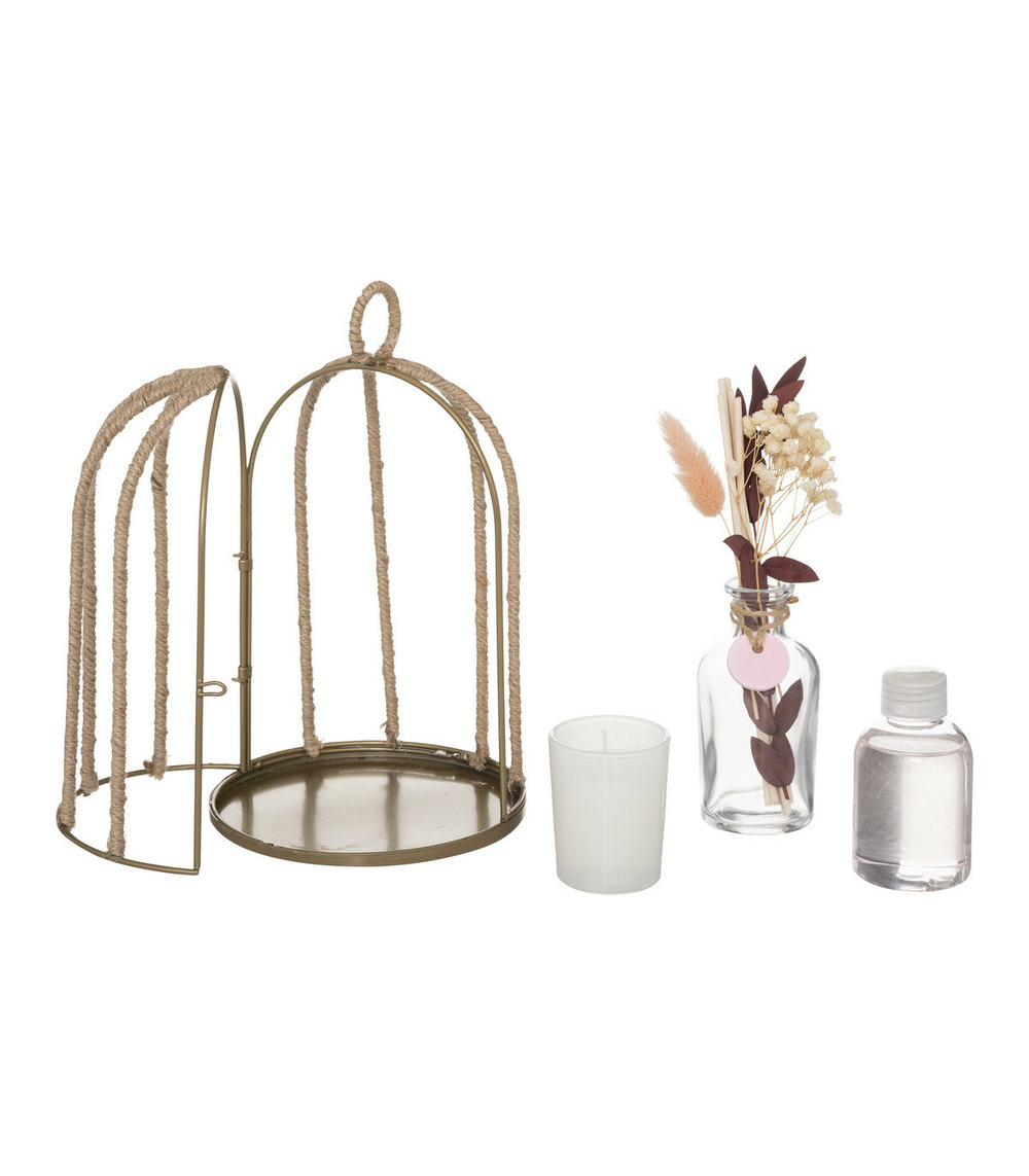 Coffret cage en métal diffuseur de parfum fleur de lin avec bâtonnets et bougie