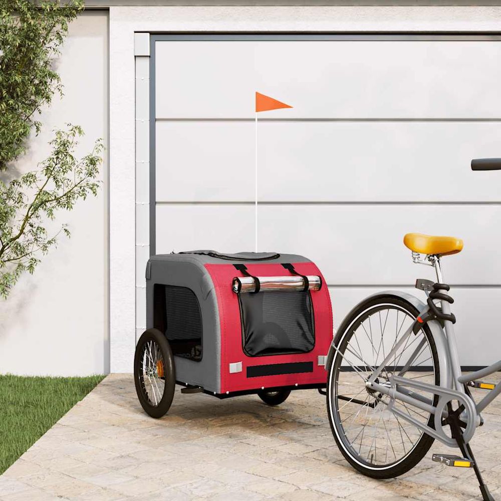 Remorque vélo animaux acier tissu oxford sécurisée pour balades rouge & gris