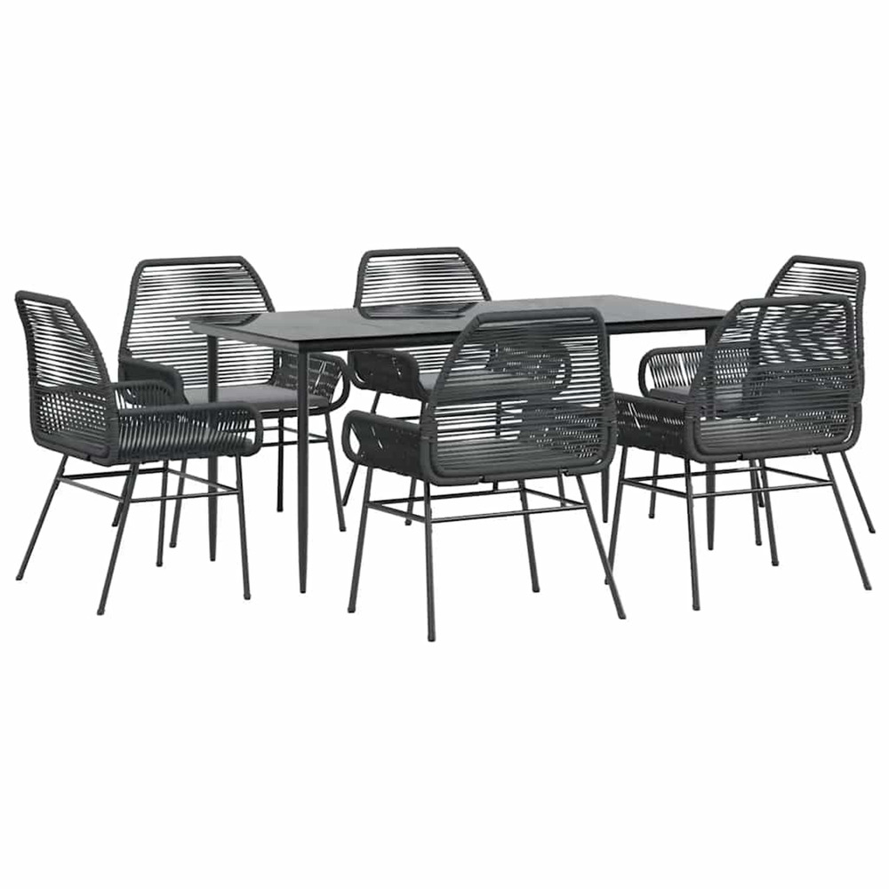 Ensemble à manger de jardin coussins 7pcs noir poly rotin verre
