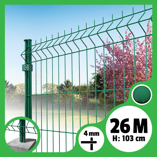 Kit grillage rigide poteaux ronds - longueur 26 mètres - 103 cm, vert, a sceller