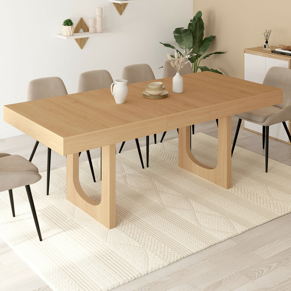 Table à manger extensible rectangle aloise 4-8 personnes pied arc bois effet hêtre 160-200 cm