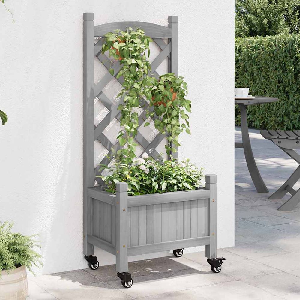 Jardinière mobile sur roues avec treillis décoratif – bois de sapin massif robuste pour terrasse – 40x98cm gris