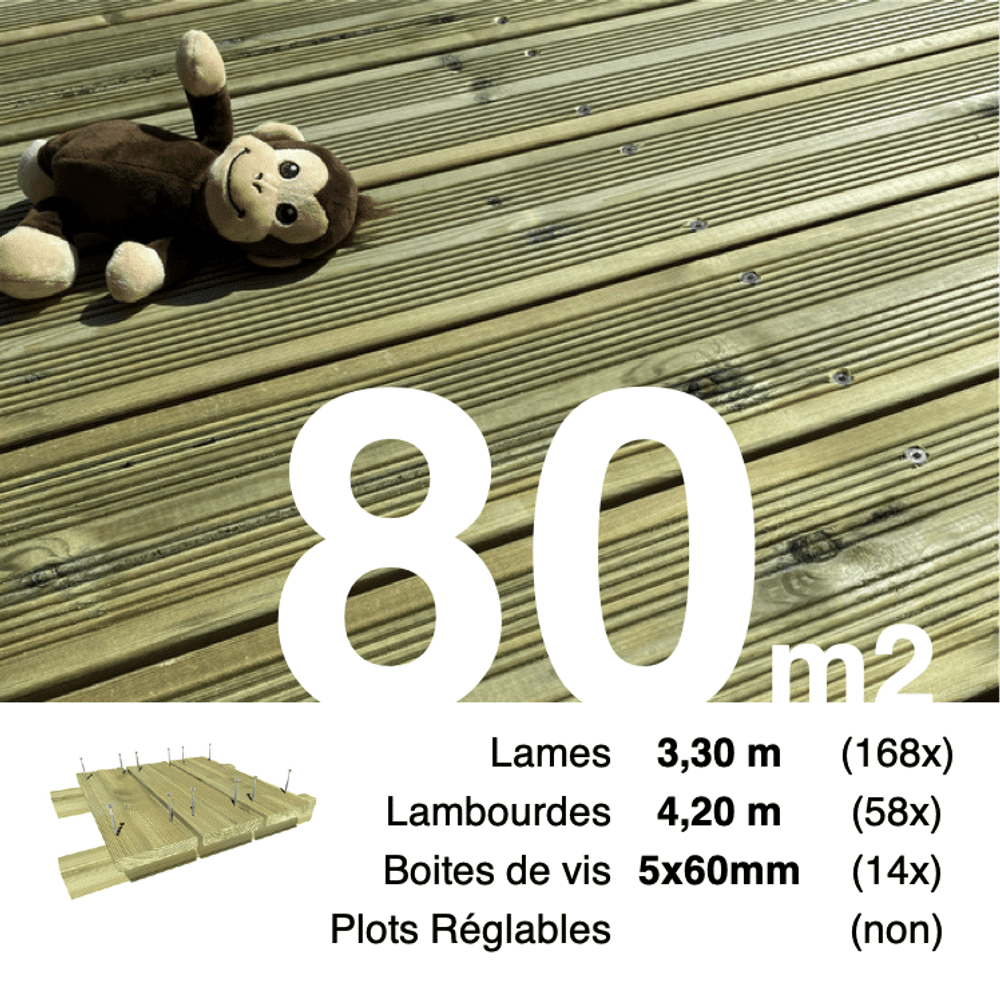 Kit terrasse pin autoclave vert pour 80 m², lames 3,3 m, lambourdes 4,2 m et visserie inox.