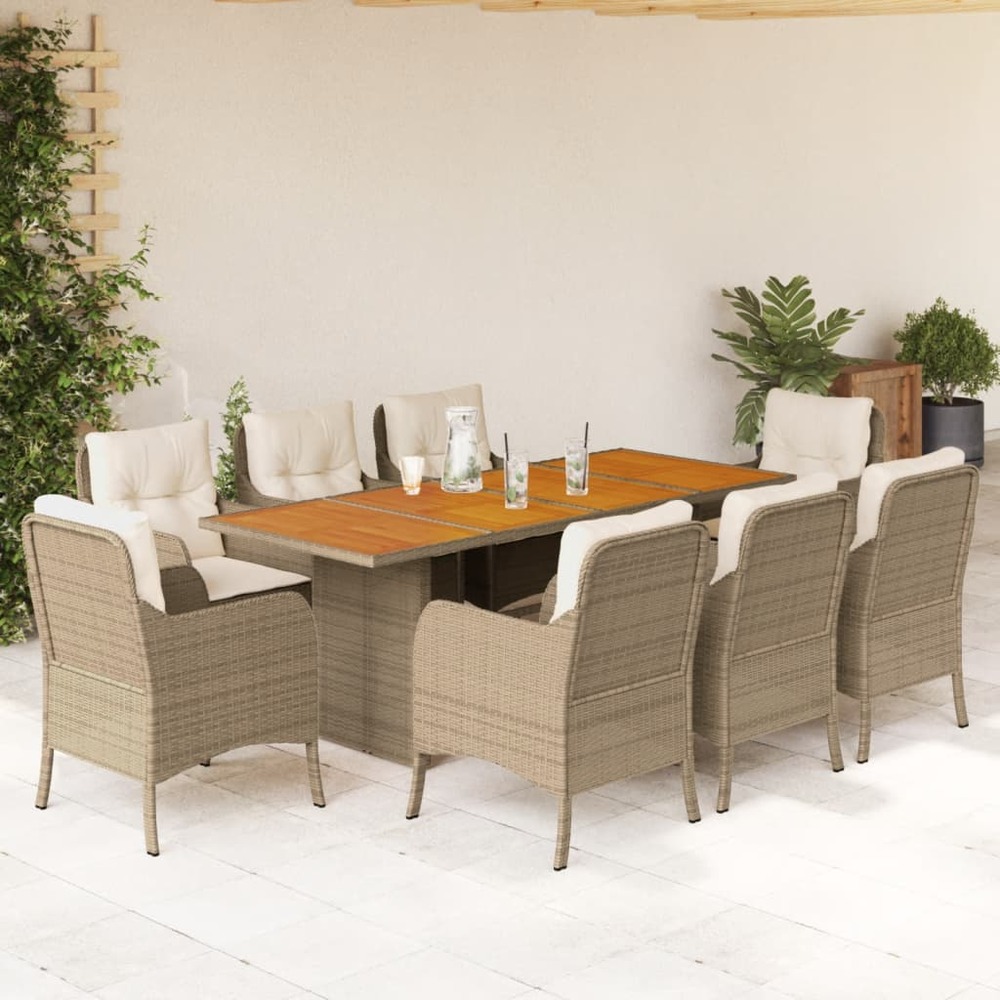 Ensemble à manger de jardin et coussins 9 pcs beige poly rotin