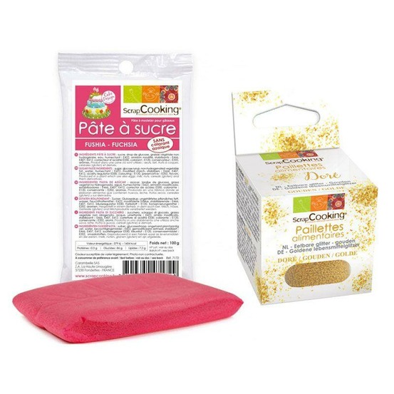 Pâte à sucre fuschia 100 g + paillettes dorées
