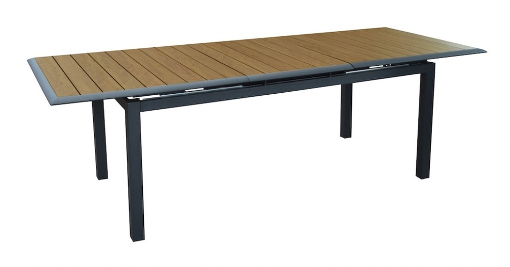Table extensible - louisiane ii - aluminium époxy graphite - plateau aluminium heat look chêne - 187/247 x 100 cm