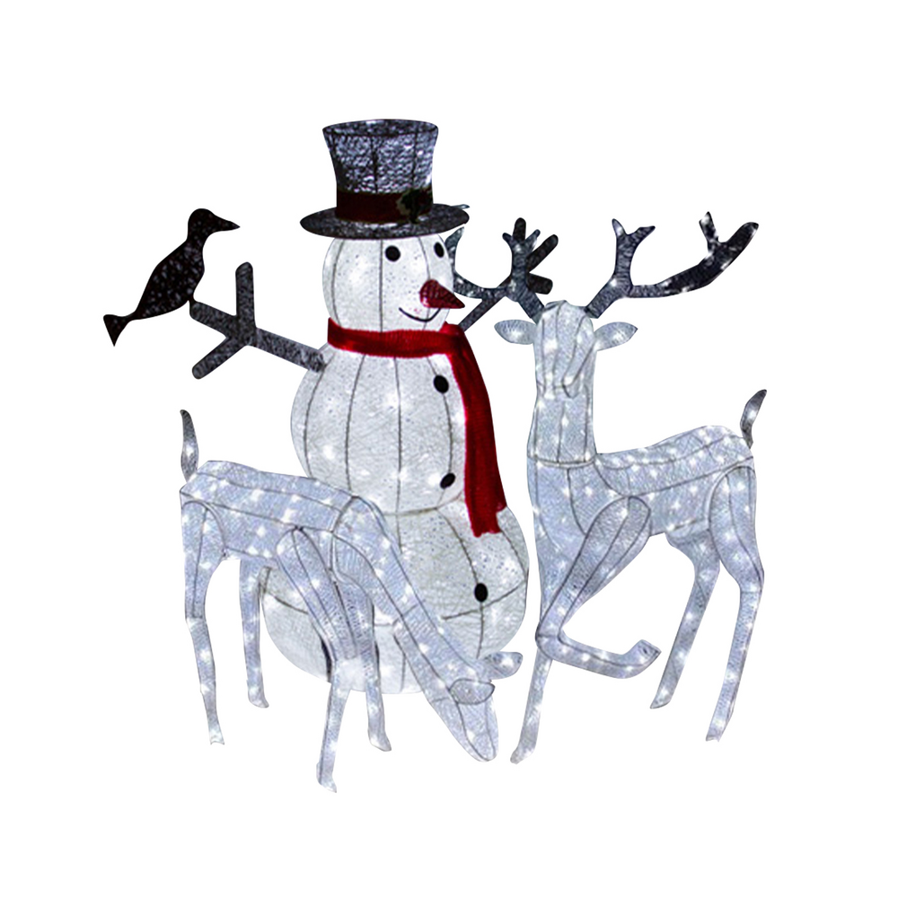 Couple biche & cerf led blanc froid + bonhomme de neige lumineux