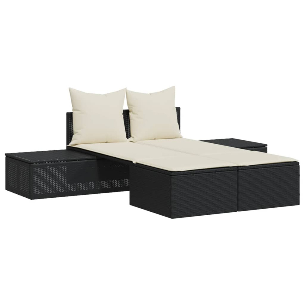 Chaise longue double avec coussins noir résine tressée bain de soleil
