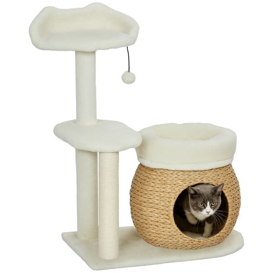 Arbre à chat bois jonc chats cachette griffoir 60x40x79cm blanc