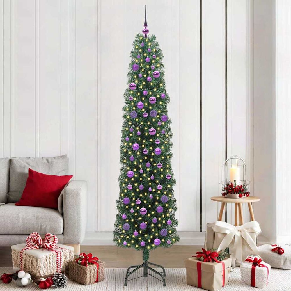 Sapin de noël artificiel 210cm forme cône avec 120 boules et guirlande led