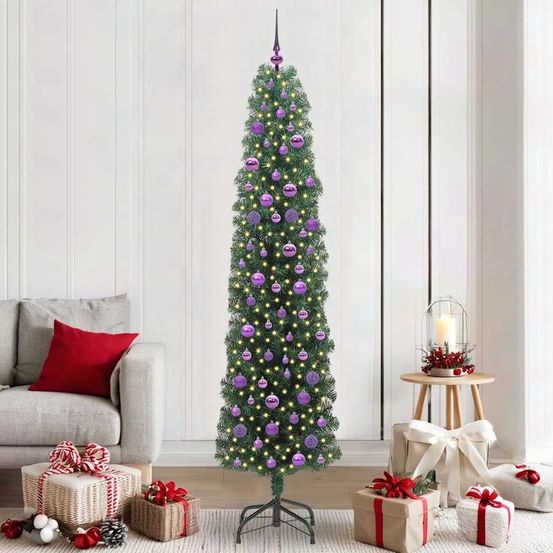 Sapin de noël artificiel 210cm forme cône avec 120 boules et guirlande led