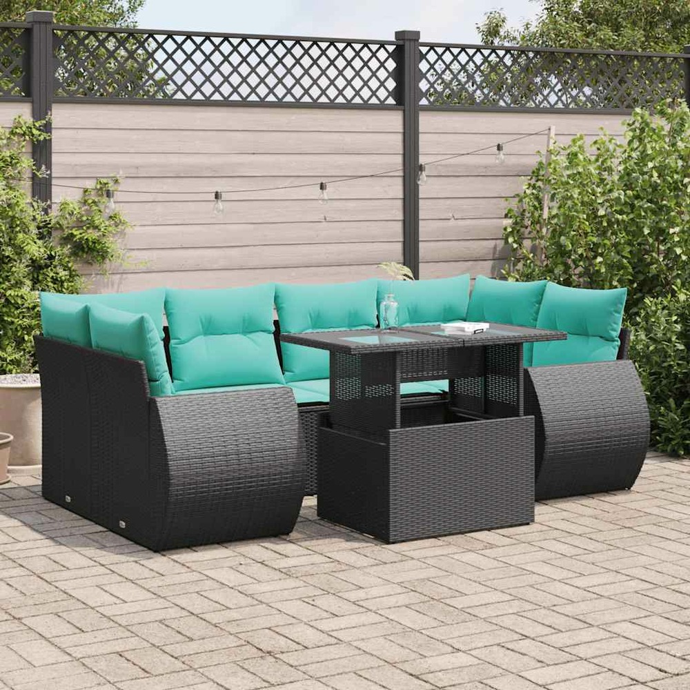 Salon de jardin avec coussins 7 pcs noir résine tressée acacia
