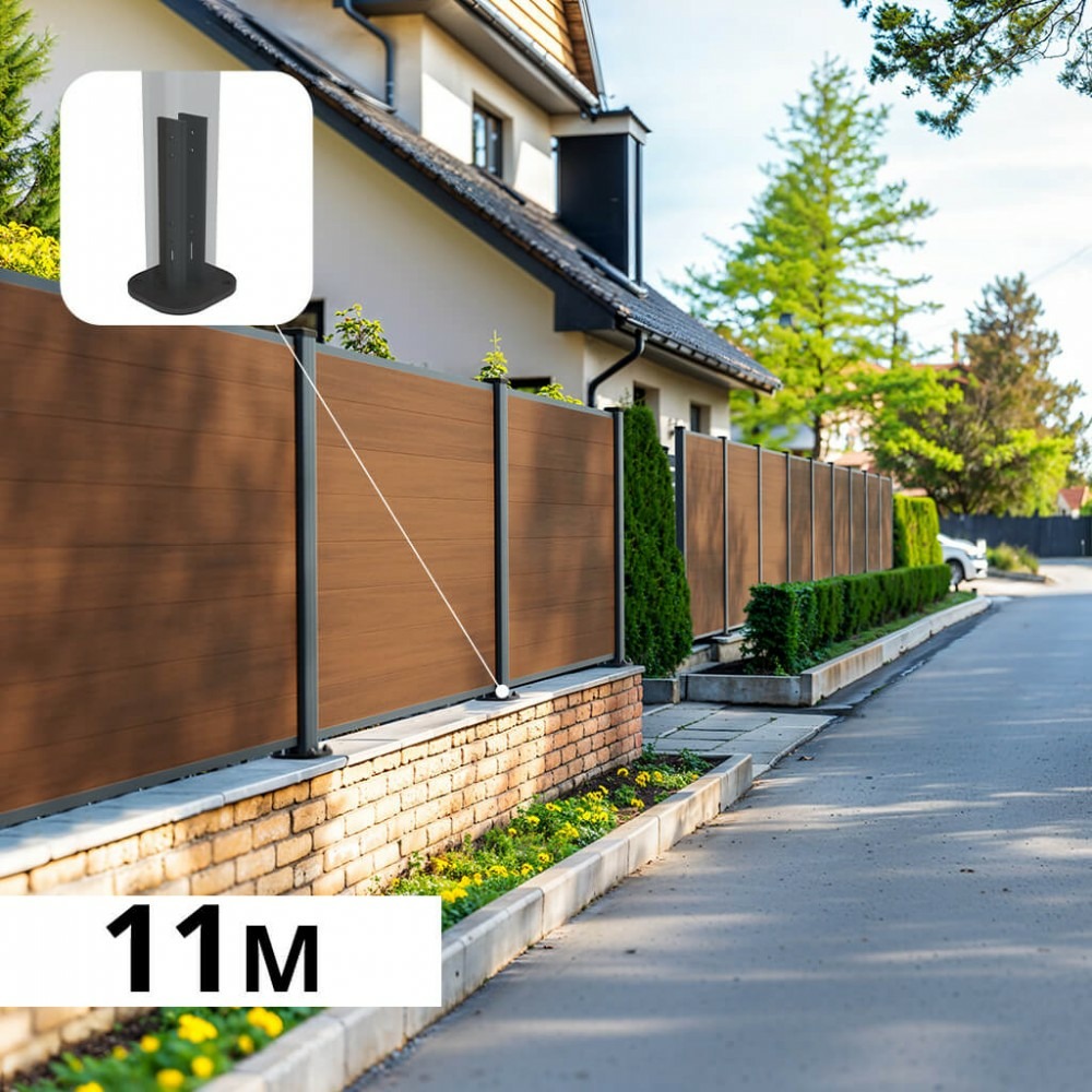 Kit clôture composite sur muret cruz teck 11x1,2m - bois composite & aluminium - poteaux sur platines gris - brise vue