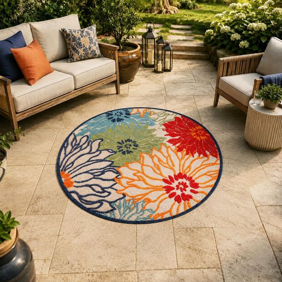 Tapis rond d'extérieur ø150cm tissé kilim bleu et beige chimeka