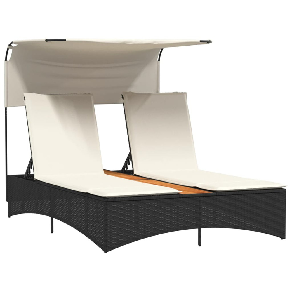 Chaise longue double et auvent et coussins noir résine tressée bain de soleil