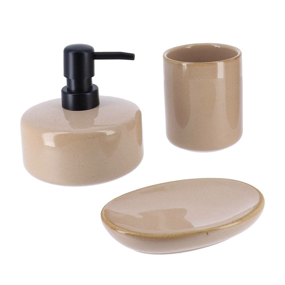 Set gobelet distributeur a savon et porte savon gres laque - beige