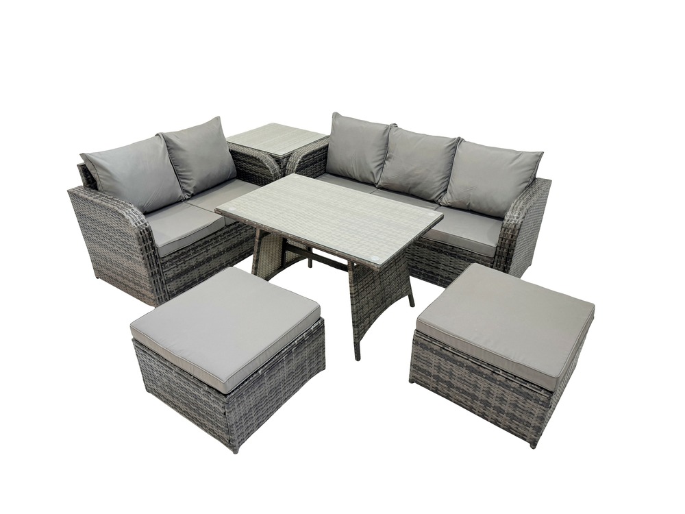 Salon de jardin exterieur 7 places table à manger rectangulaire 2 grand tabourets canapé d'amour table d'appoint gris foncé mixte