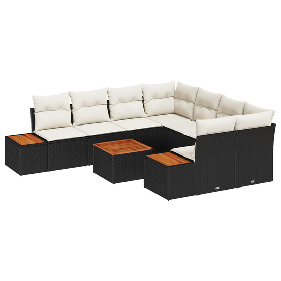 Ensemble de canapé de jardin de 9 pièces avec coussins noir poly rattan acacia