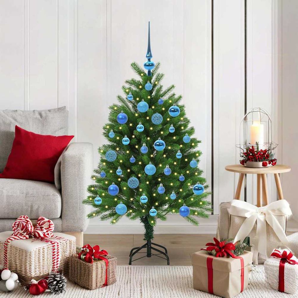 Kit de noël : sapin artificiel 120 cm tout-en-un, pré-illuminé 150 led, avec décorations complètes