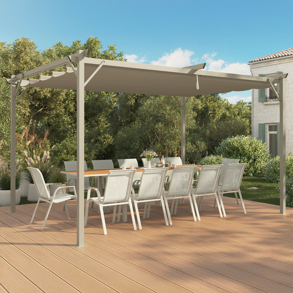 Pergola toit rétractable 4 pieds 3x4 m tonnelle structure beige et toile beige