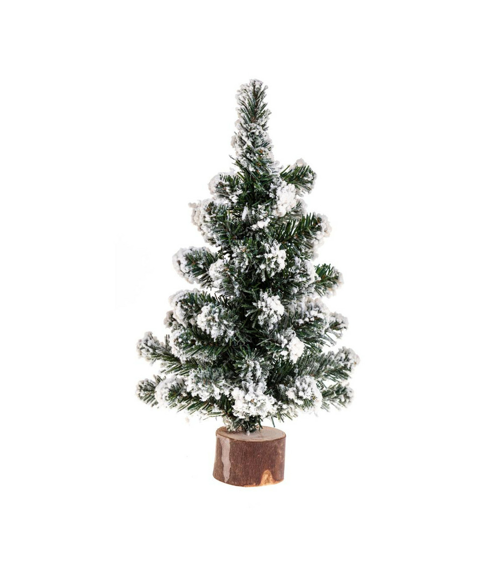 Déco de noël sapin de table artificiel floqué blanc sur socle en bois h 25 cm