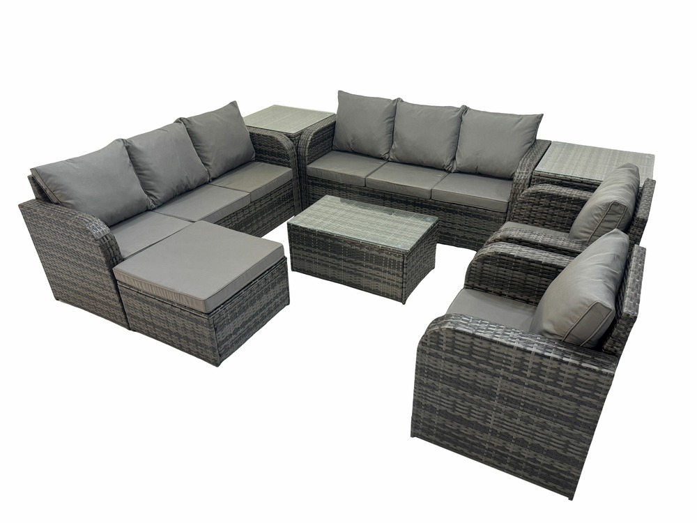 Ensemble de canapés en rotin avec canapé 3 places chaise inclinable 2 tables d'appoint grand tabouret gris foncé mixte