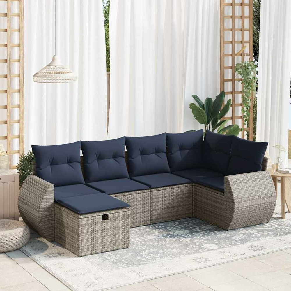 Salon de jardin 6 pcs avec coussins gris résine tressée