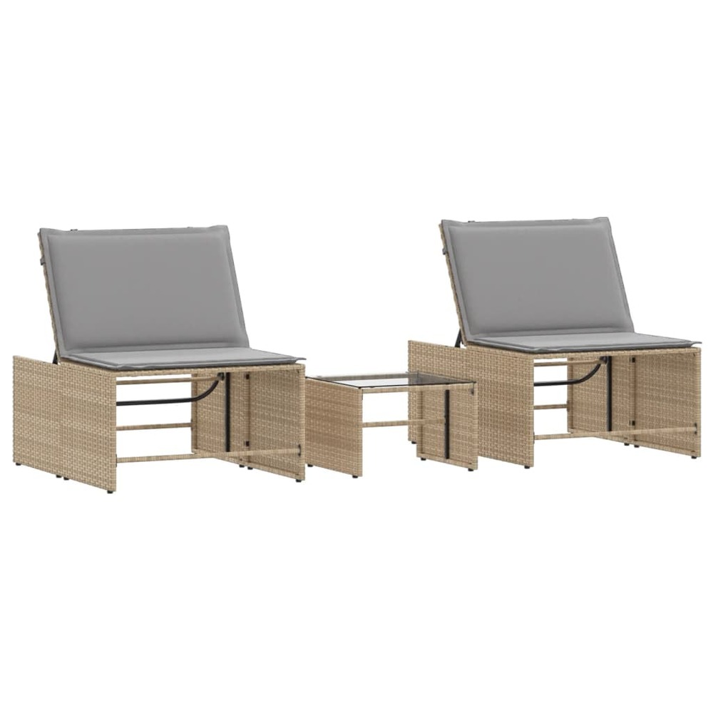 Chaises longues 2 pièces avec table en résine tressée beige