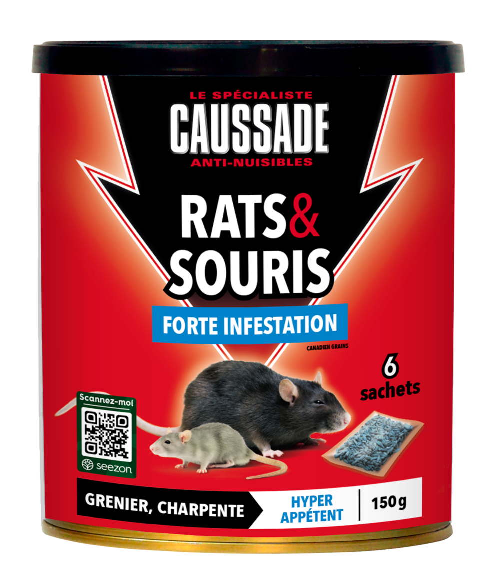 Caussade anti-rats & souris – 6 sachets céréales prêts à l’emploi, forte infestation, usage lieux secs, 150g