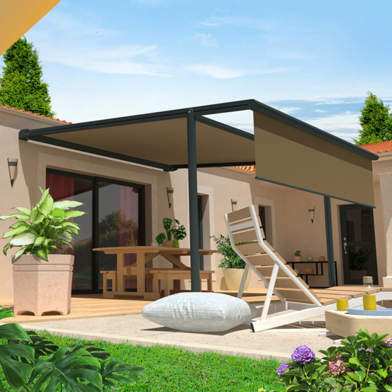 Pergola toile pyrite 4,00x3,00 m motorisé secours à télécommande + led + lambrequin (gris anthracite stucturé ral7016st - taupe)