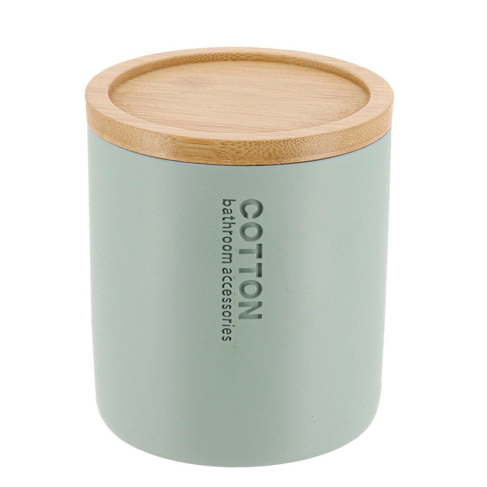 Boite a coton polyresine couvercle bambou - vert eucalyptus/bambou
