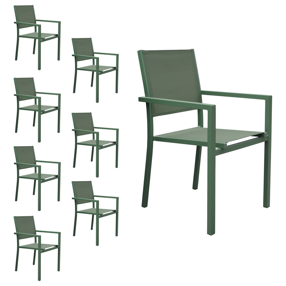 Lot de 8 chaises en aluminium vert sauge - textilène vert sauge