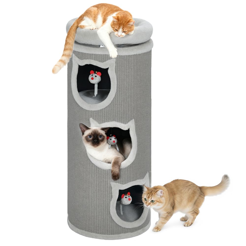 Tonneau à chat 3 niveaux bois sisal cachette repos jeu souris 38x38x96cm gris