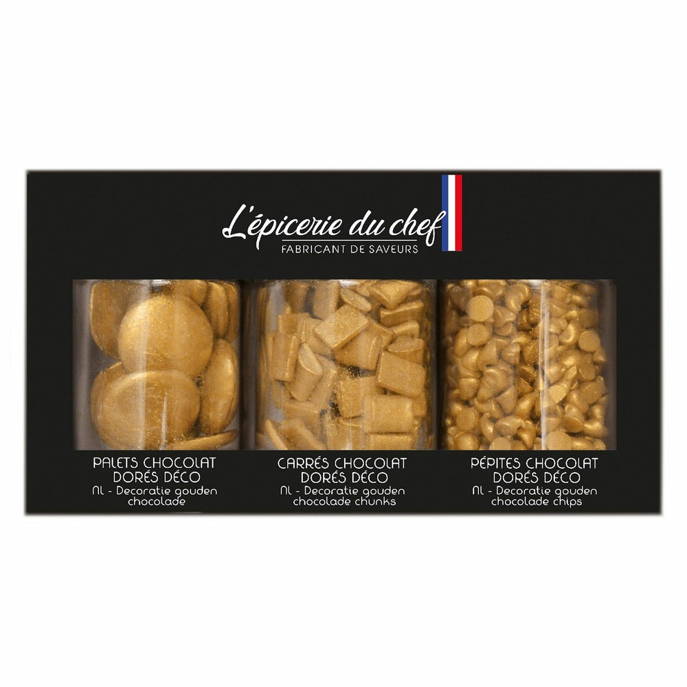 Assortiment 3 pots décorations choco dorées pour pâtisserie