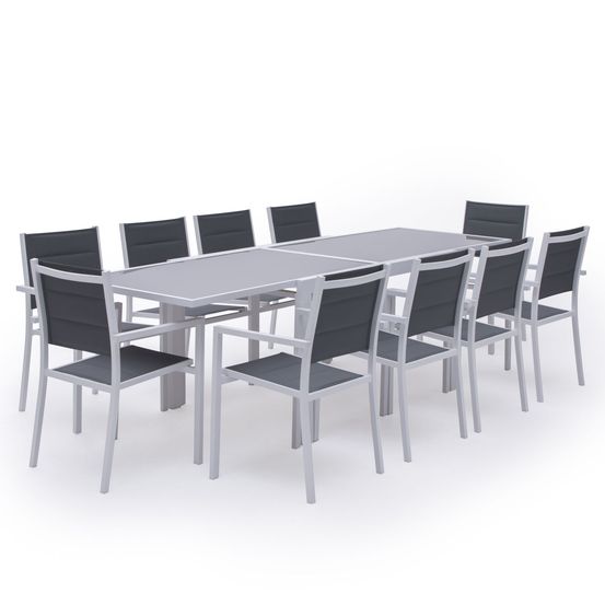 Salon de jardin lampedusa extensible textilène gris 10 places - aluminium blanc