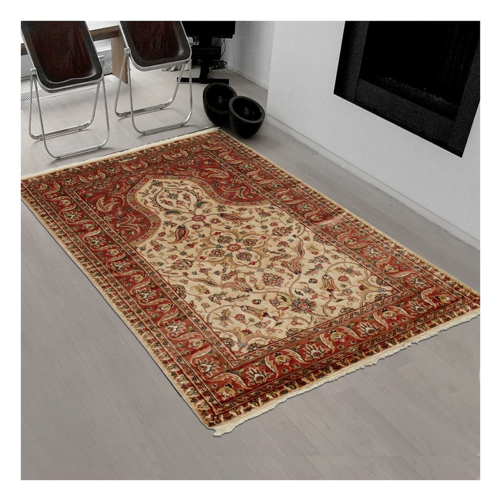 Authentique tapis d'orient 125x180 fait main en soie beige jihangir 65