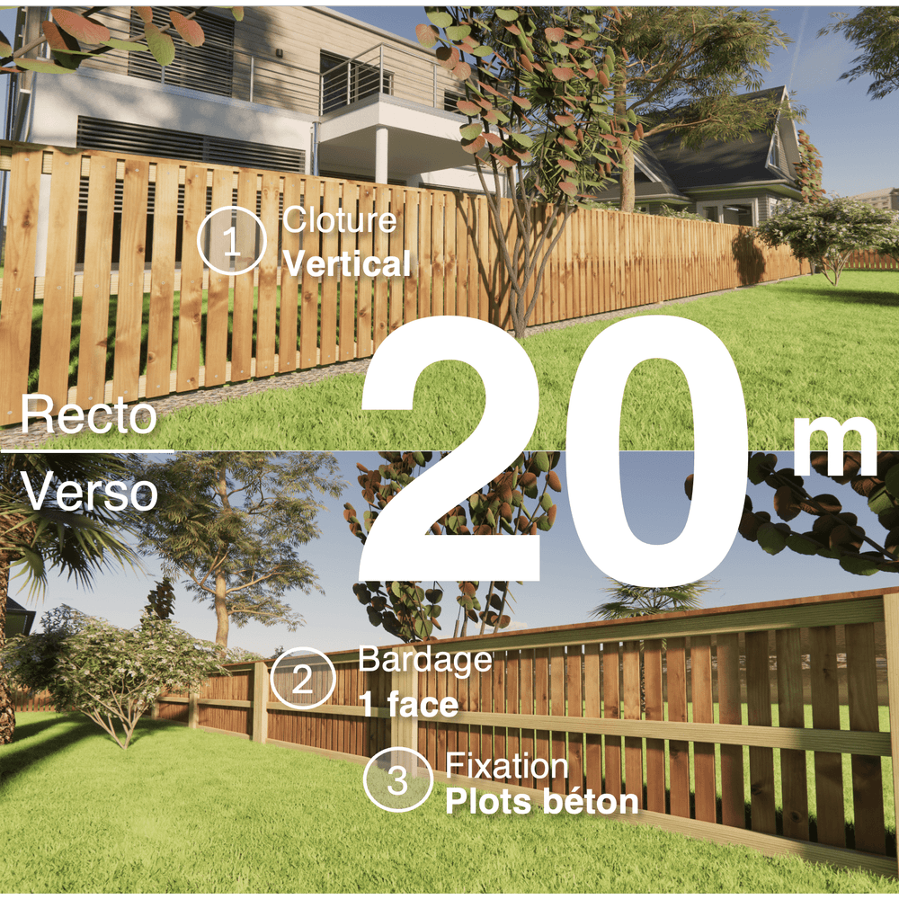 Kit clôture bois moderne 20m – h 0,9m – 20 x 70 mm autoclave marron – pose vertical – simple face – à sceller