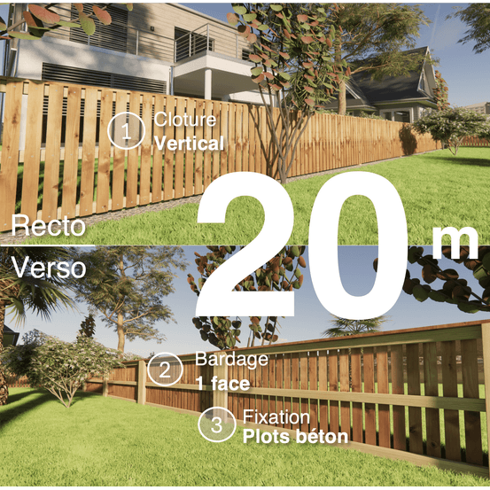 Kit clôture bois moderne 20m – h 0,9m – 20 x 70 mm autoclave marron – pose vertical – simple face – à sceller