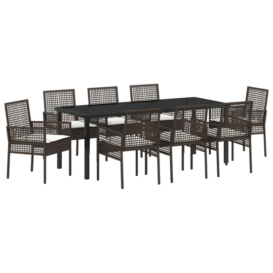 Ensemble de salle à manger de jardin de 9 pièces avec coussins en poly rotin marron
