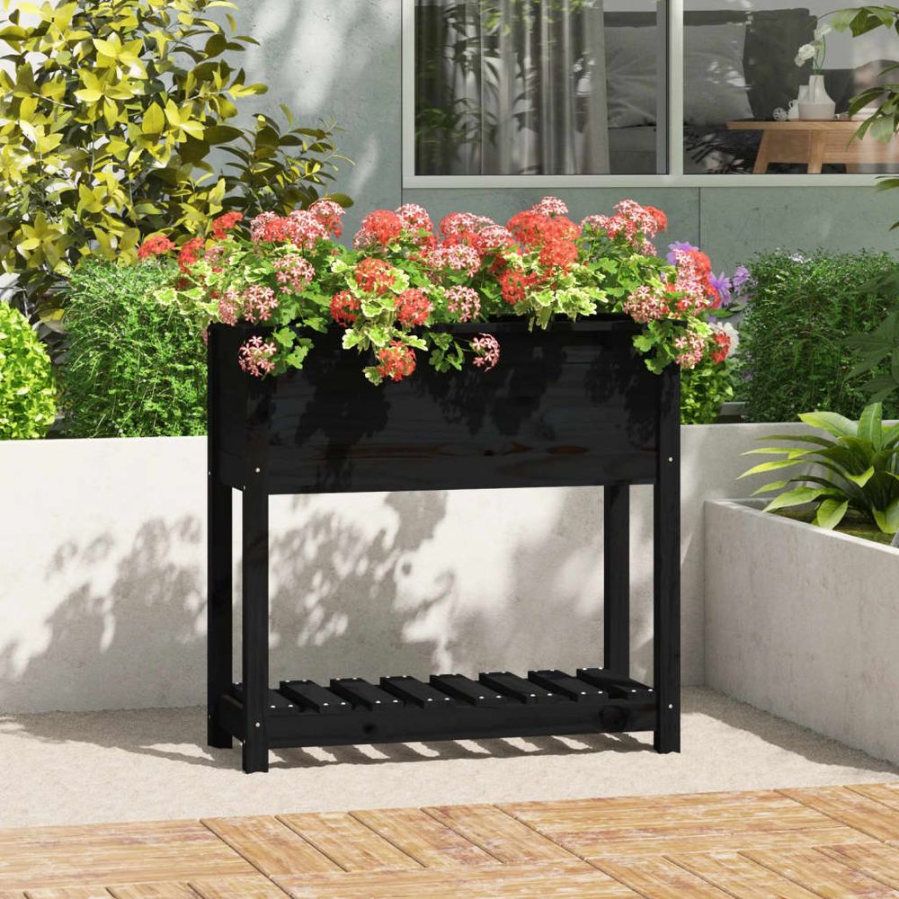 Carré potager sur pieds bois avec étagère pour jardin terrasse noir 82,5cm