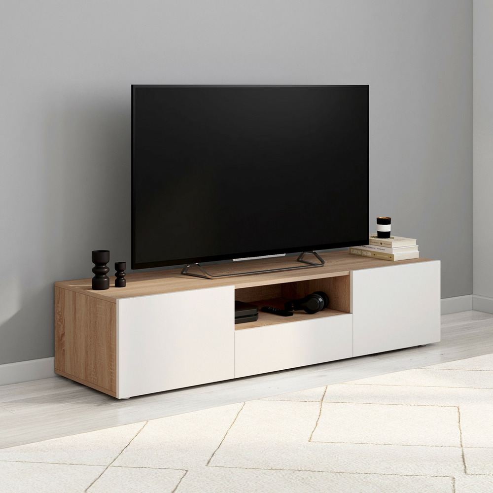 Meuble tv 140 cm eli bois façon hêtre portes blanches