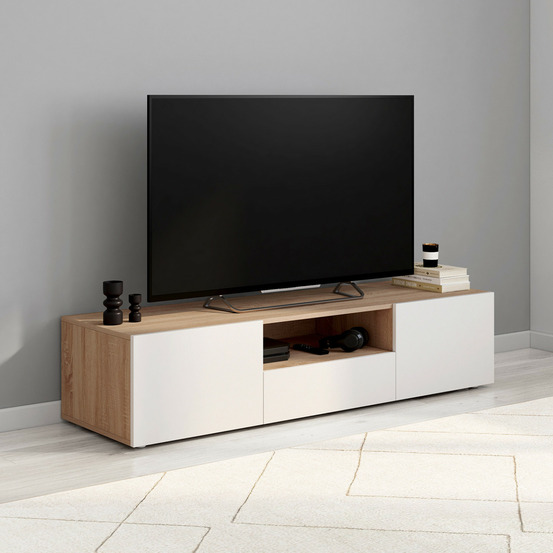 Meuble tv 140 cm eli bois façon hêtre portes blanches