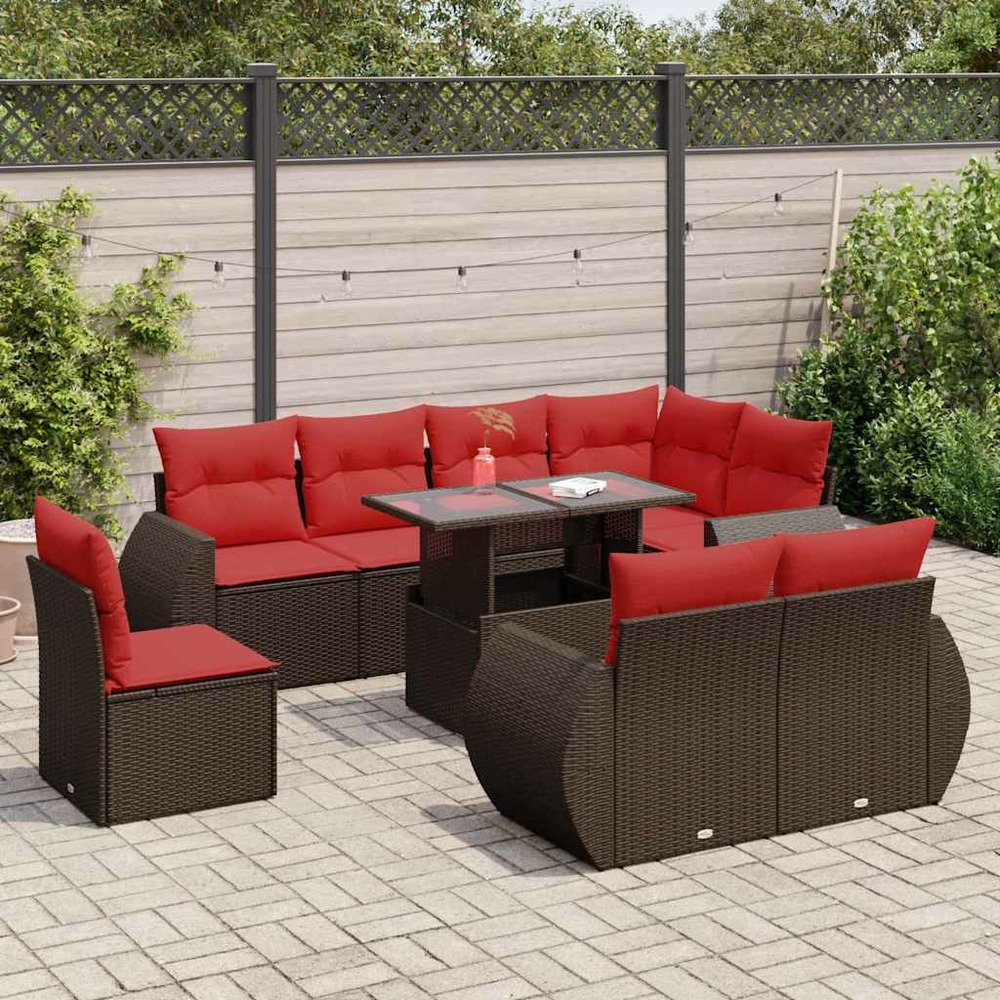 Salon de jardin avec coussins 9pcs marron résine tressée acacia