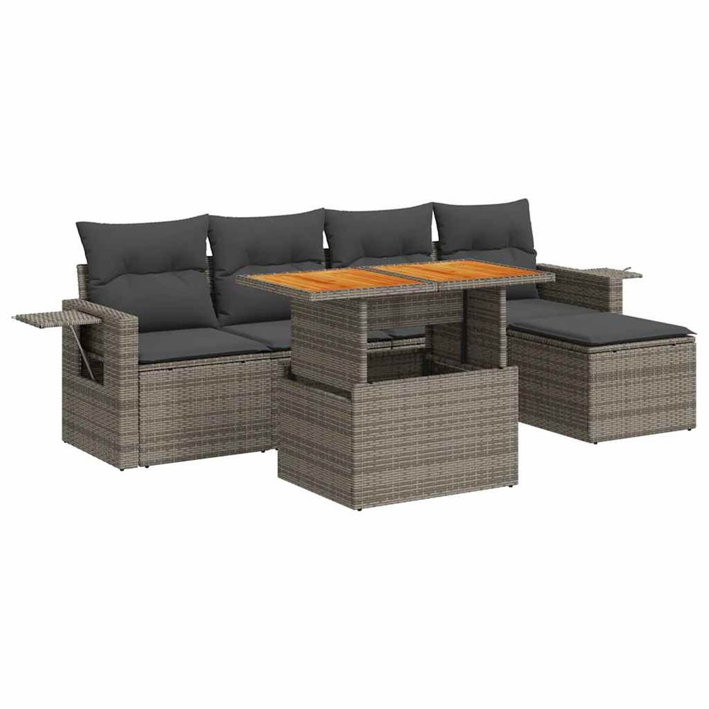 Salon de jardin 6 pcs avec coussins gris résine tressée