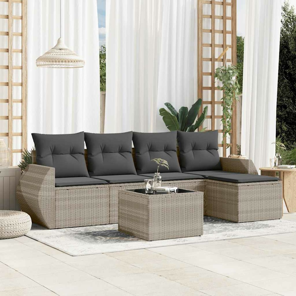 Salon de jardin 6 pcs avec coussins gris clair résine tressée